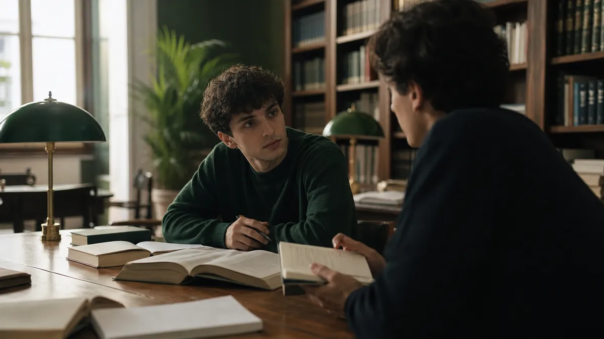 Scena realistica in biblioteca universitaria: uno studente seduto a un tavolo con libri aperti e appunti, di fronte a lui un…