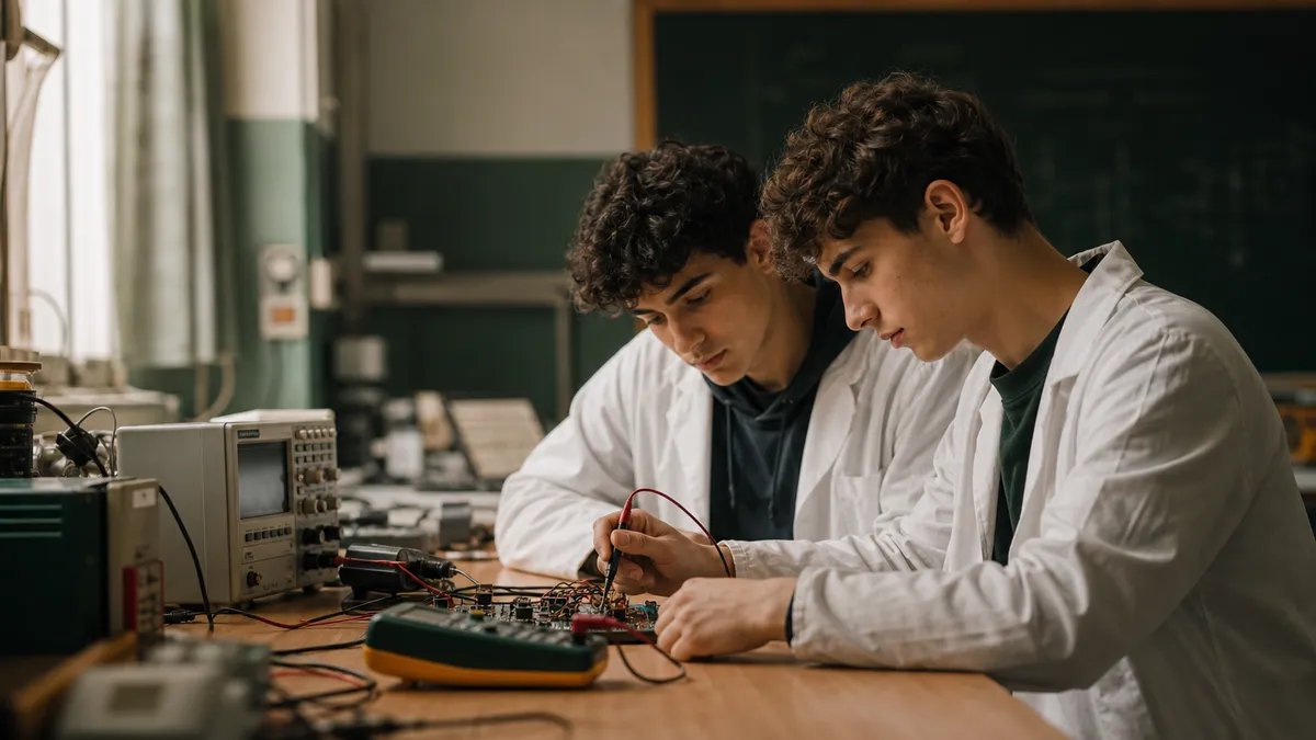 Aula laboratorio di un istituto tecnico italiano: due studenti con camice da laboratorio controllano un circuito su banco me…
