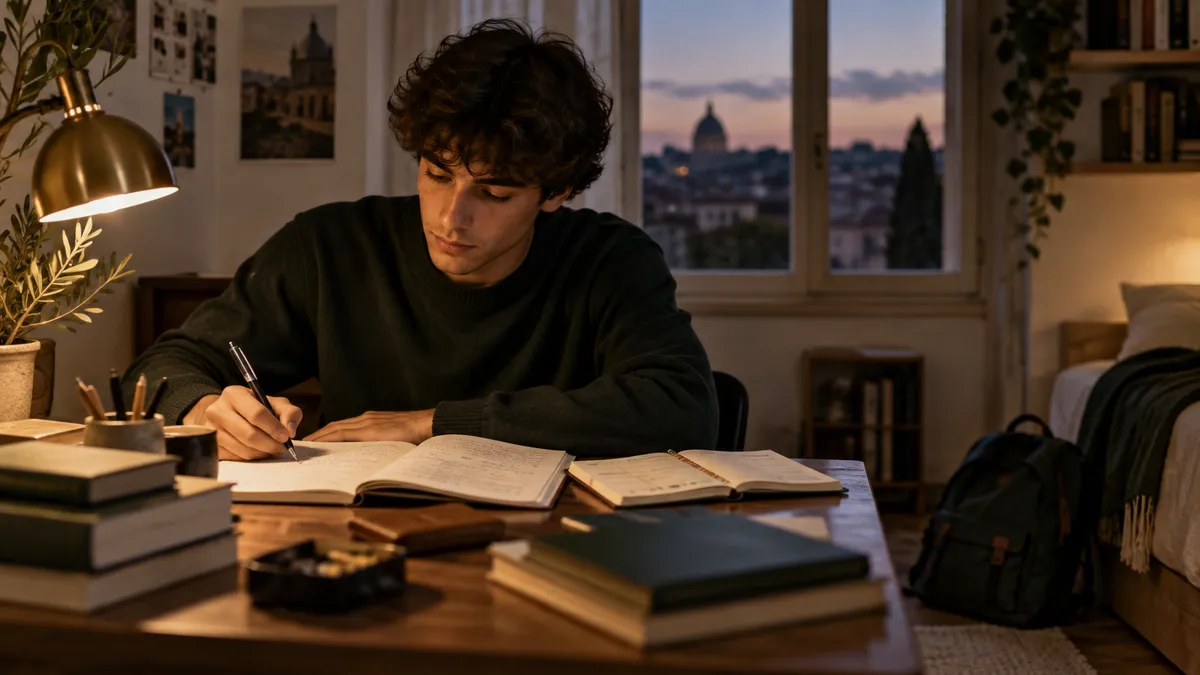 Scrivania di uno studente delle superiori nel tardo pomeriggio: quaderno aperto con appunti, diario cartaceo con segni color…