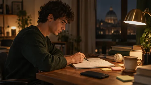 Scrivania di uno studente universitario di sera: quaderno aperto con appunti a mano, post-it colorati, timer da cucina, tazz…