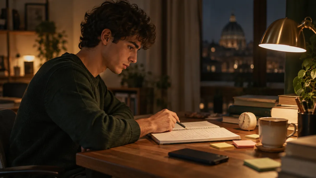 Scrivania di uno studente universitario di sera: quaderno aperto con appunti a mano, post-it colorati, timer da cucina, tazz…