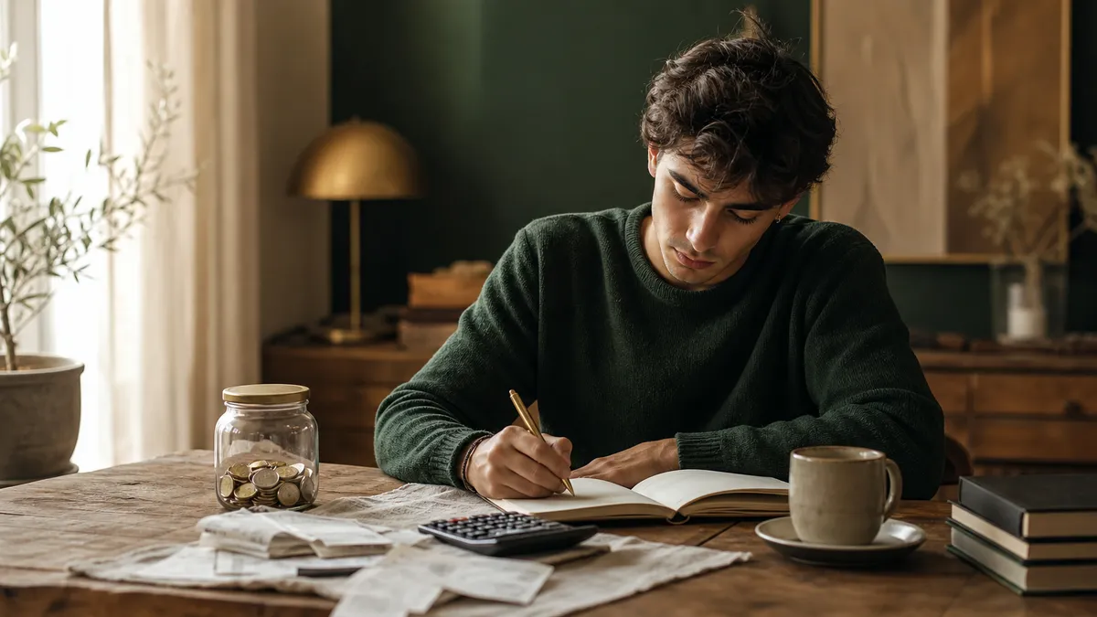 Scrivania di uno studente con quaderno aperto, calcolatrice, scontrini sparsi, un barattolo con monete e una tazza di caffè…