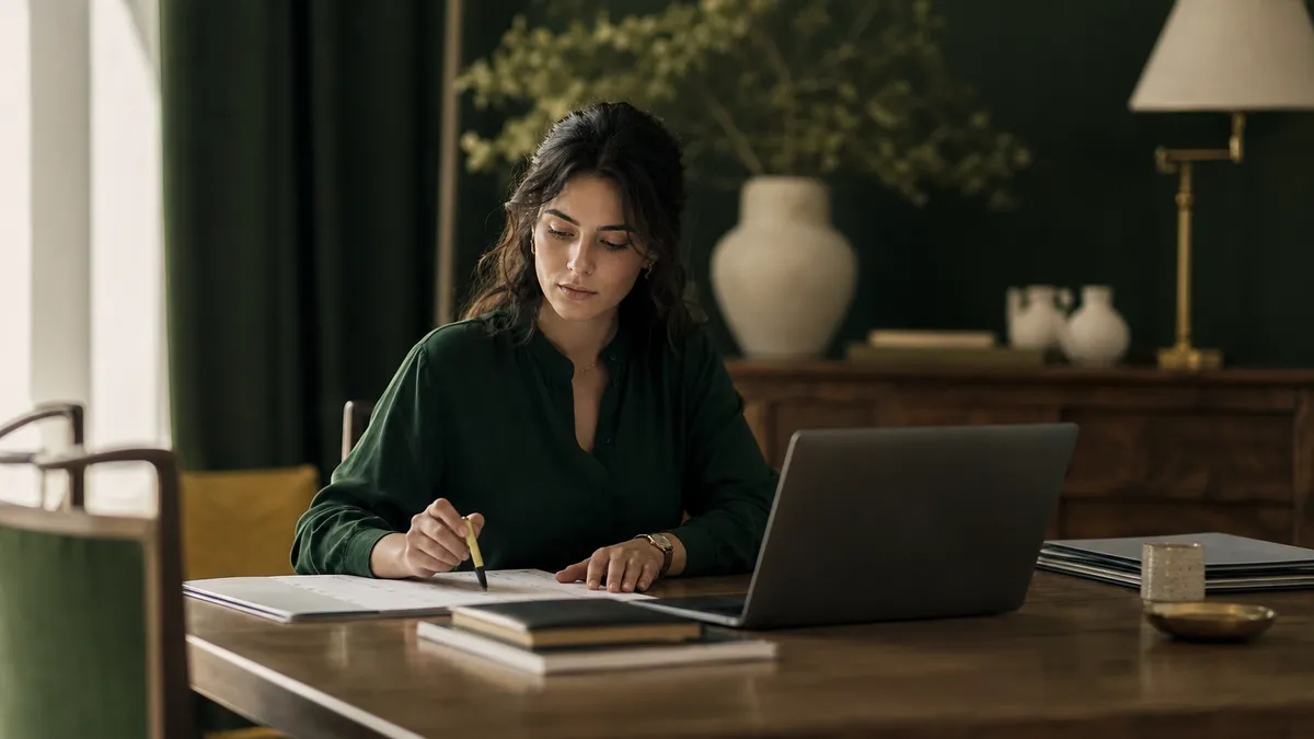 Docente in una sala insegnanti con calendario cartaceo e laptop aperto, evidenziatore e documenti ordinati sul tavolo; atmos…