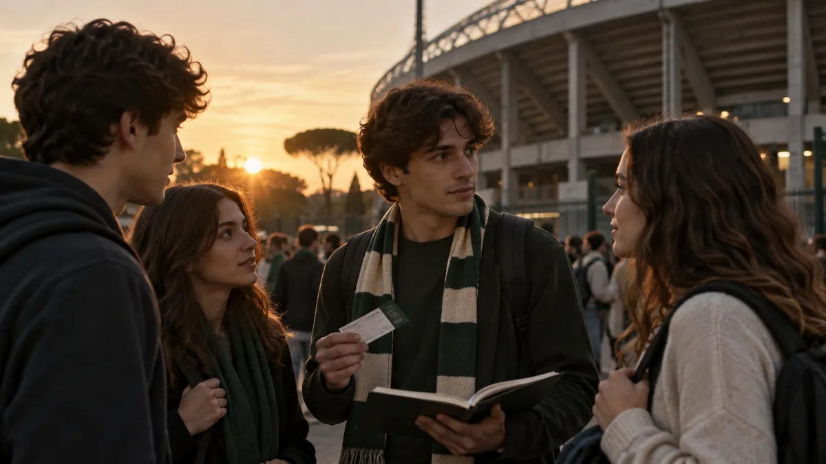 Scena realistica in stile fotografico: un gruppo di studenti italiani (17-20 anni) fuori da uno stadio al tramonto, con zain…
