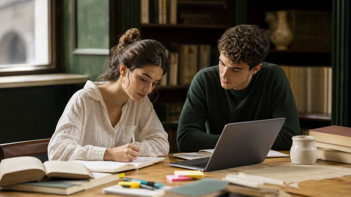 Scena realistica in biblioteca universitaria: uno studente e una studentessa al tavolo con libri, quaderni e laptop aperto…