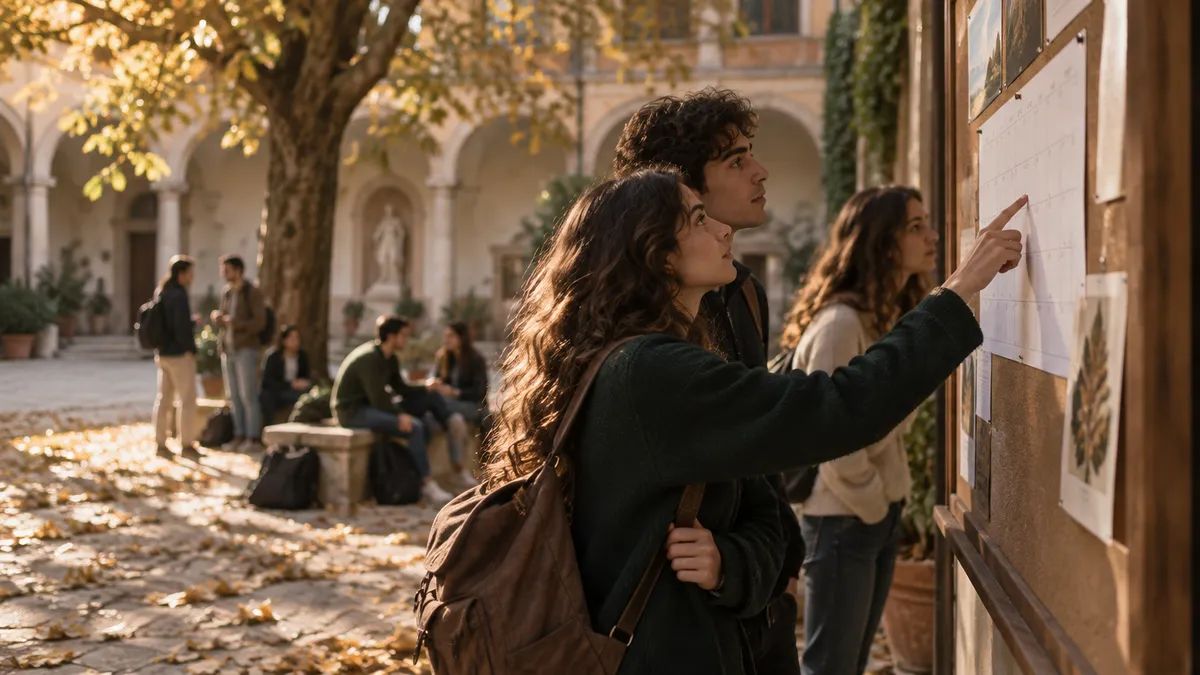 Cortile di una scuola italiana in autunno, studenti che consultano un grande calendario cartaceo appeso a una bacheca, zaini…