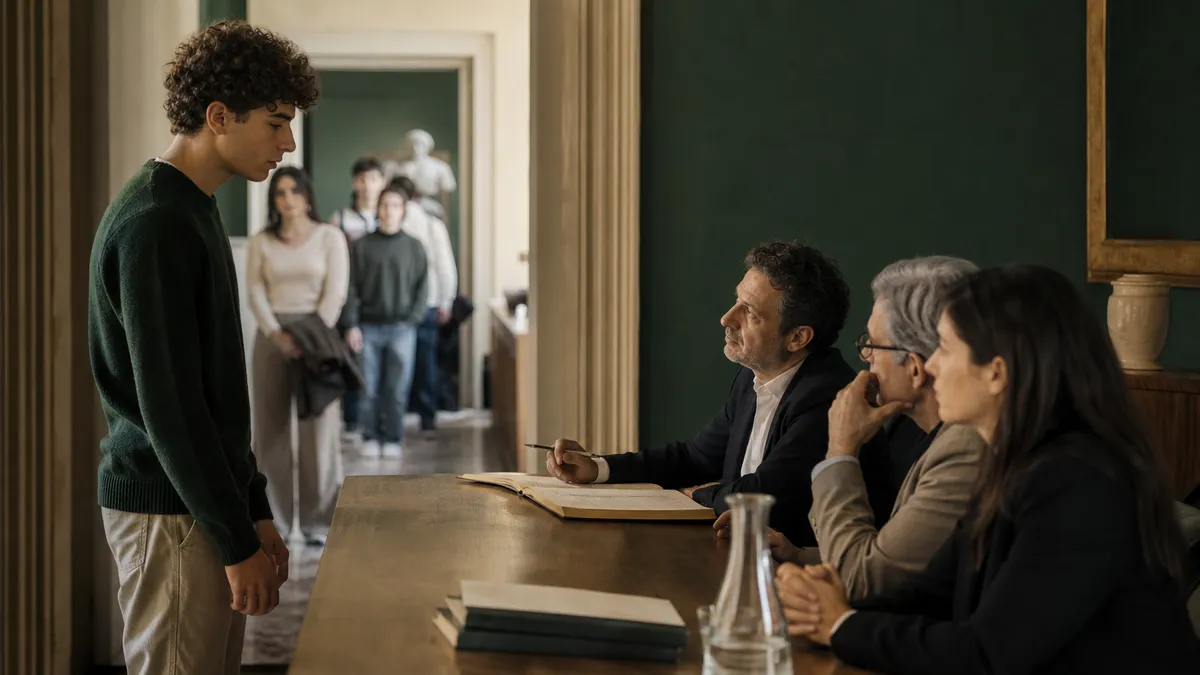 Aula universitaria durante una sessione d’esame: commissione seduta dietro un banco, registro cartaceo aperto, studenti in a…