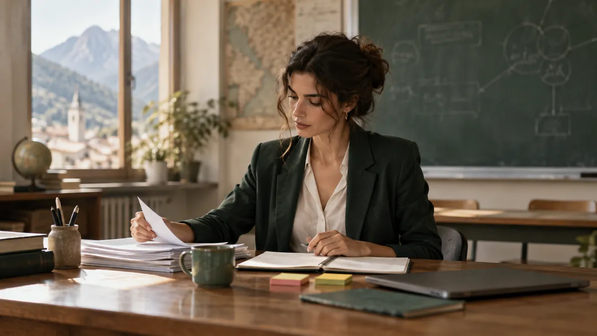 Docente in un'aula luminosa a Trento mentre prepara una lezione: sul tavolo ci sono normativa stampata, quaderno con scalett…