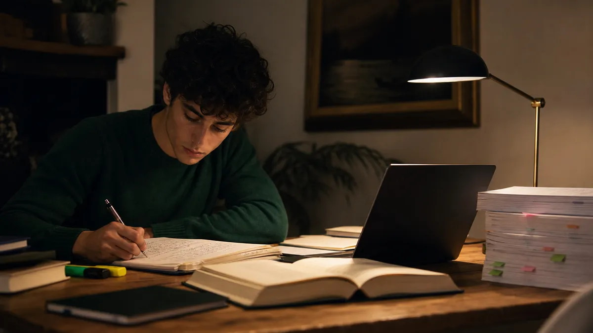 Scrivania di uno studente universitario la sera: libri aperti, un quaderno pieno di appunti, un laptop con molte schede aper…