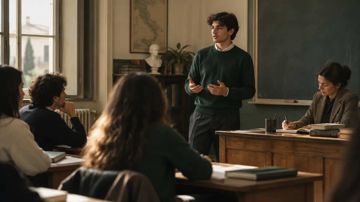 Aula scolastica italiana durante un'interrogazione orale: uno studente in piedi vicino alla cattedra parla con sicurezza, co…