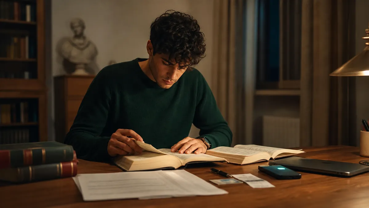 Scrivania di uno studente di giurisprudenza la sera: libri di diritto aperti, fogli con appunti, laptop chiuso accanto, tele…