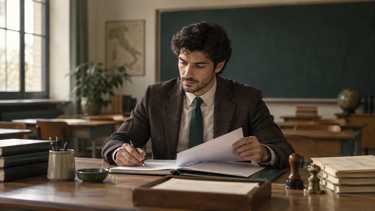 Docente italiano a un tavolo di lavoro con fascicolo di concorso, certificati e timbri, in un'aula vuota con lavagna sullo s…
