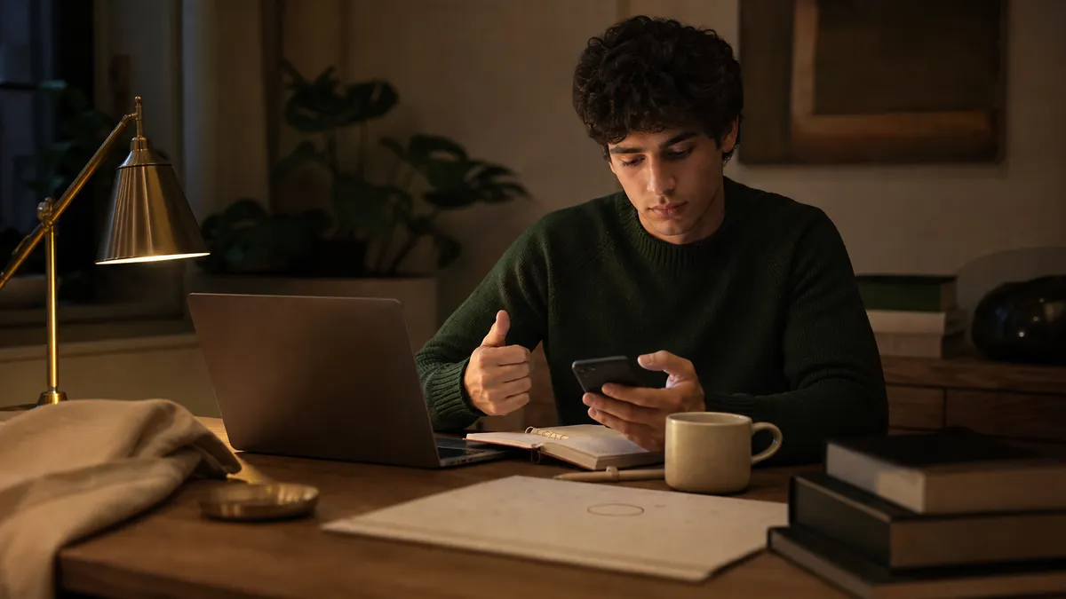 Scrivania di uno studente universitario la sera: laptop aperto, quaderno con appunti, calendario cartaceo con una data cerch…