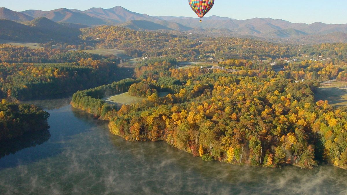 Hot Air Balloon Over Enka Lake in Fall