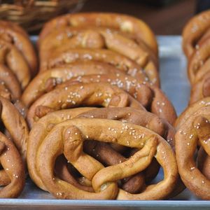 Freshly baked pretzels for sale at a farmers market in Raleigh, North Carolina