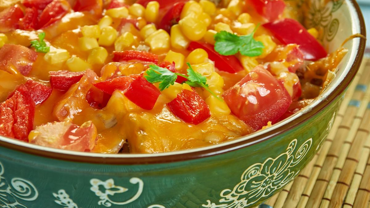 Southwestern Burrito Bowl Bake, Southwest cuisine, Traditional assorted American dishes, Top view.