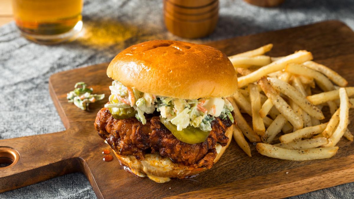 Homemade Spicy Nashville Hot Chicken Sandwich with Ranch and Pickles