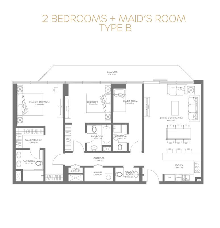 2 Bedrooms+Maid's Room, Type B to Type A