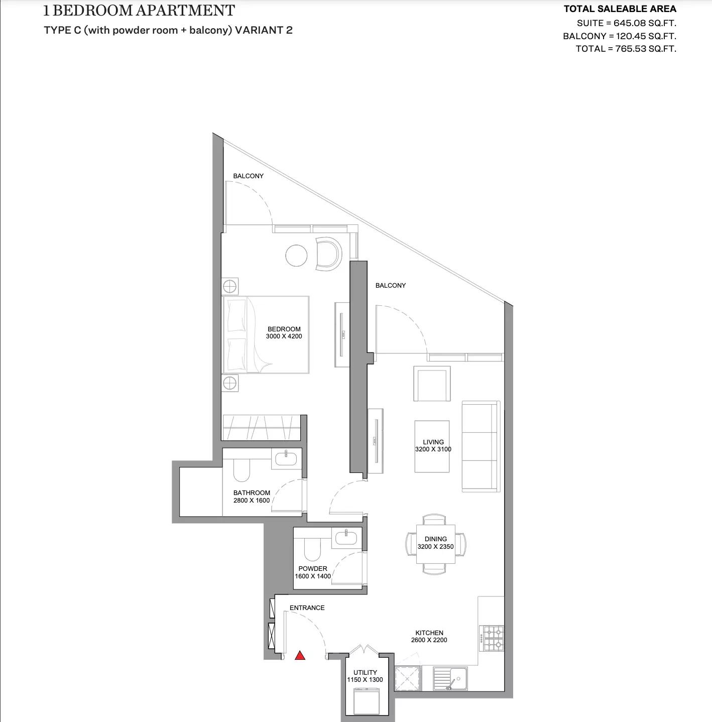 Type C (with powder room + balcony) Variant 2