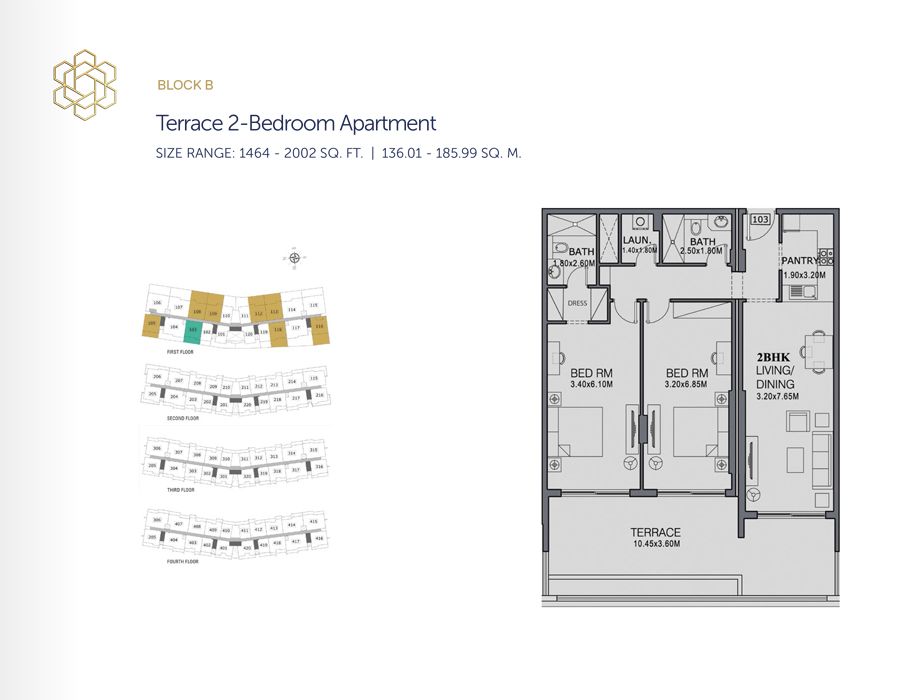 Terrace 2 Bedroom Apartment, Size 1464 Sq Ft to Typical 2 Bedroom Apartment