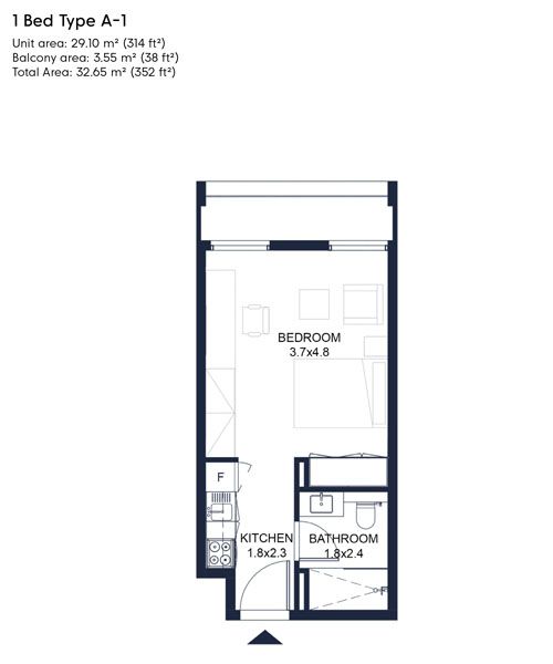 1 Bed Type A-1, Size 352 Sqft