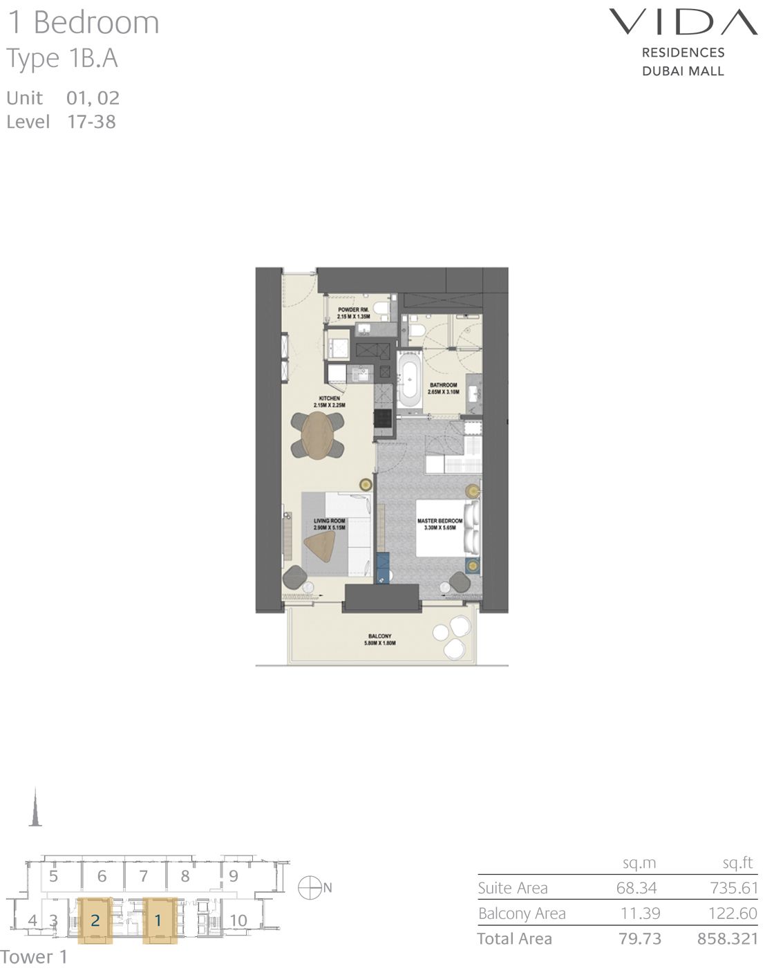1 Bedroom Type 1B.A unit 01,02 level 17-38 to 1 Bedroom Type 1B.F Unit 06,07 Level 40-55