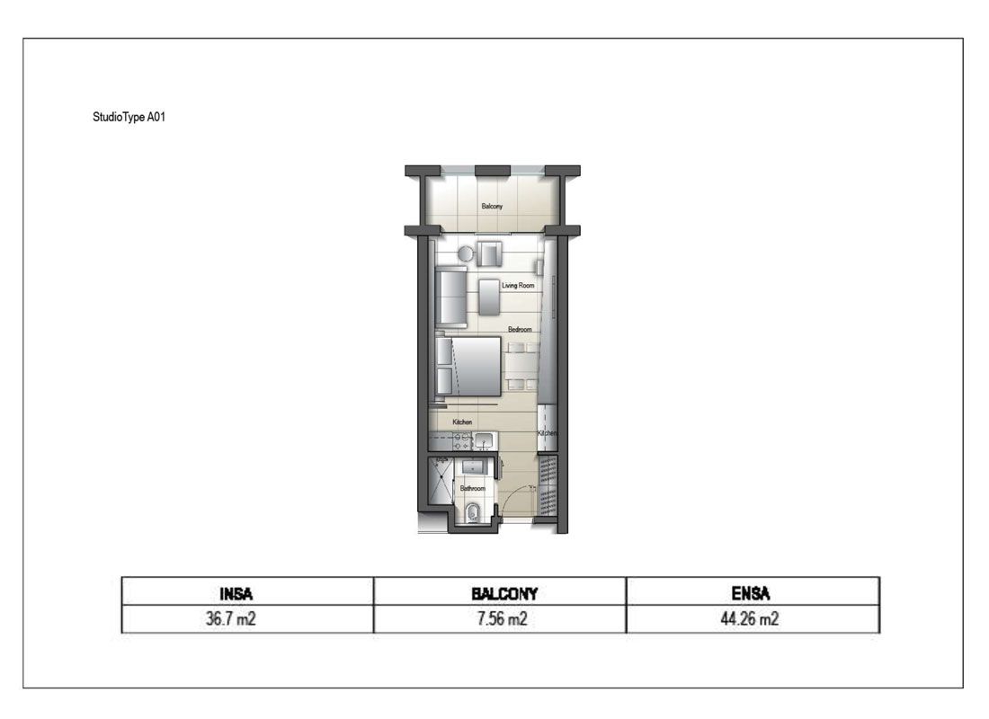 Studio Type A01 size 44.26 sq.mtr