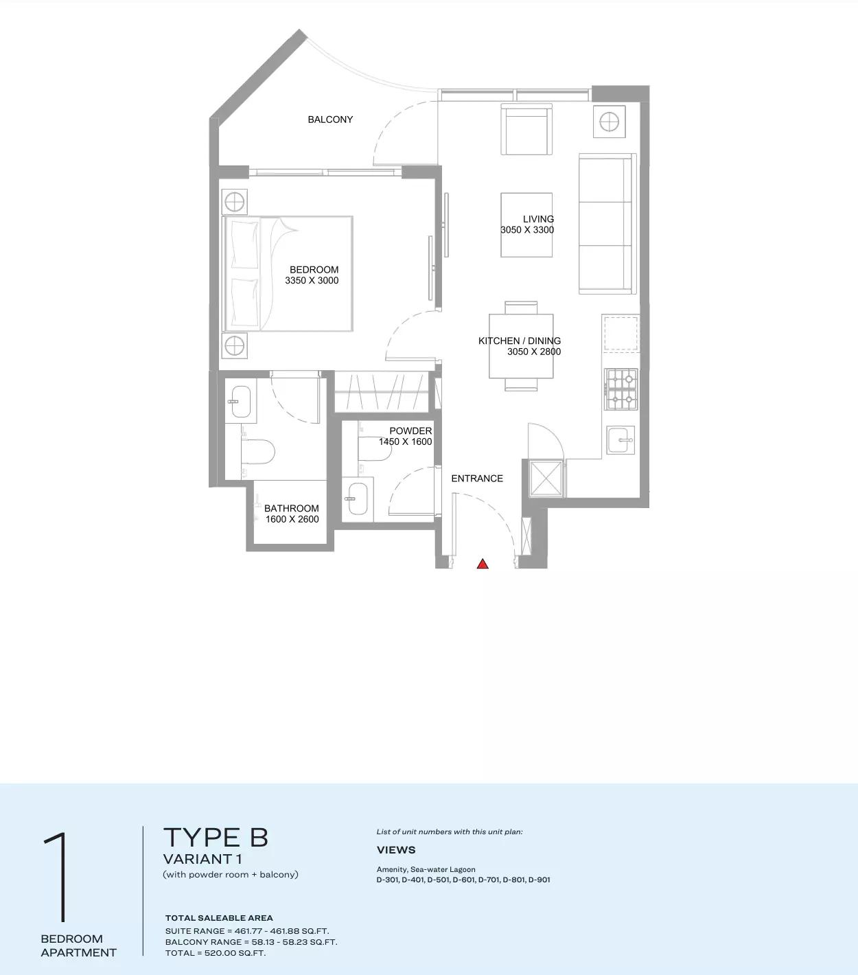 Type B | Variant 1 (with powder room + balcony)
