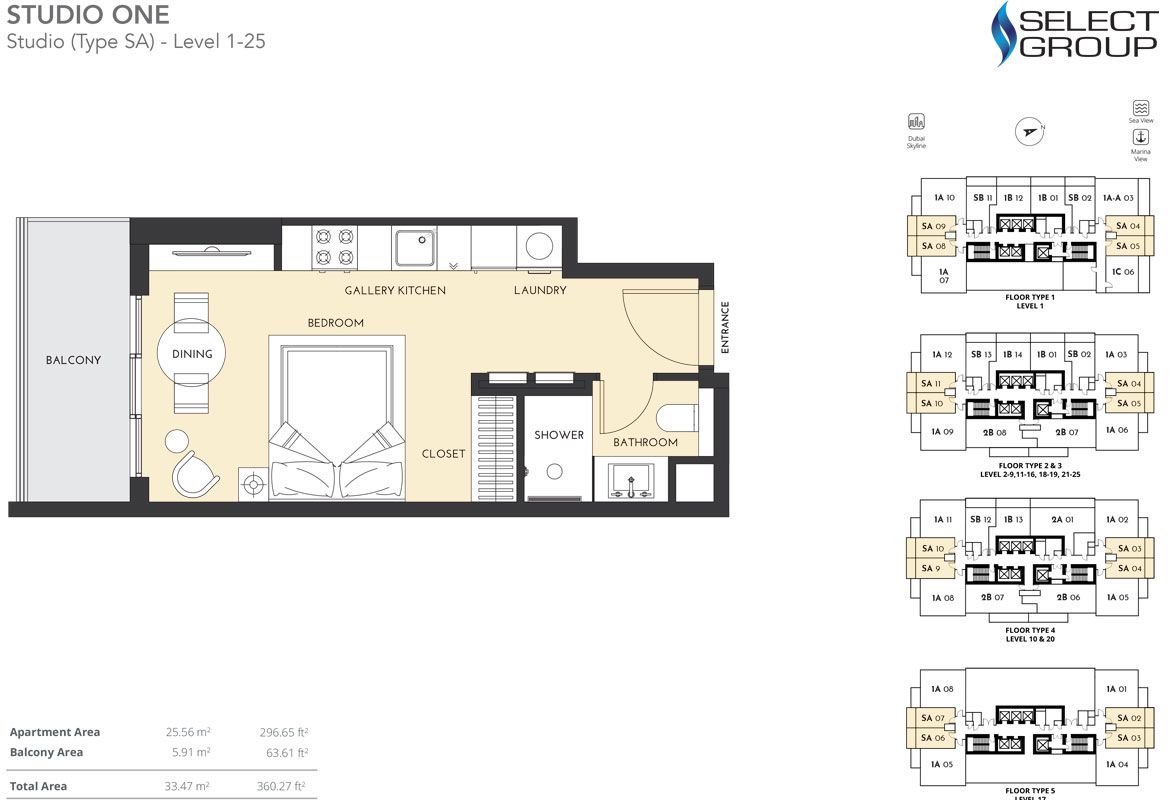 Studio, Type SA - Level 1-25, Size 360.27 sq ft to Studio, Type SB - Level 1-16 & 18 - 31