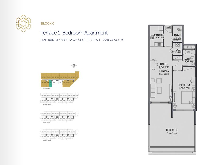 Terrace 1 Bedroom Apartment, Size 1033 Sq Ft to Typical 1 Bedroom Apartment
