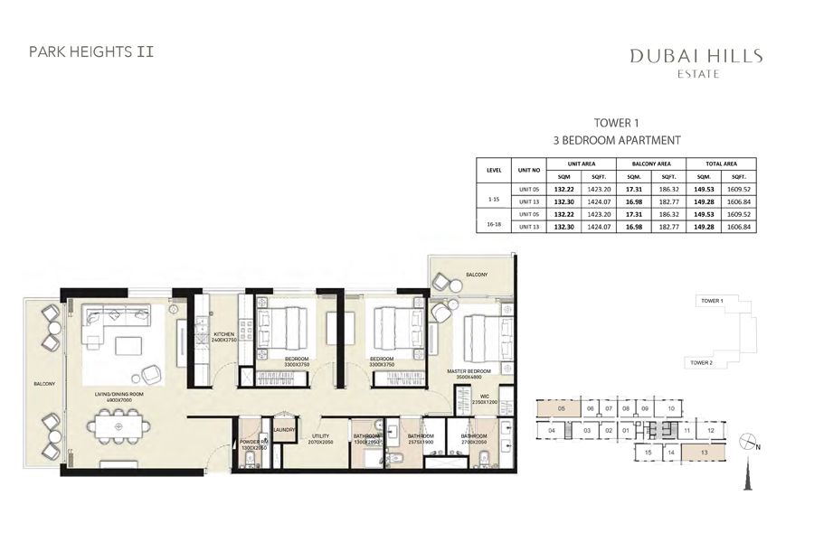 Tower 1, 3 Bedroom, Unit 05, 13,
