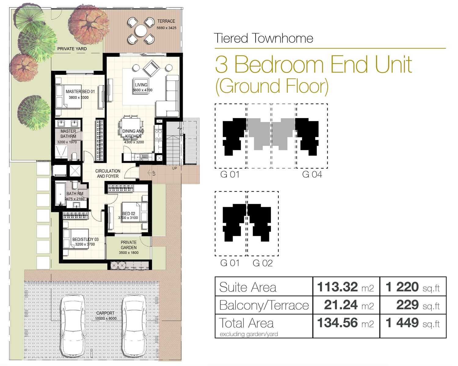 3 Bedroom Townhouse Type 1M, Size 2127 sq ft to 3Br-GF-End-Units
