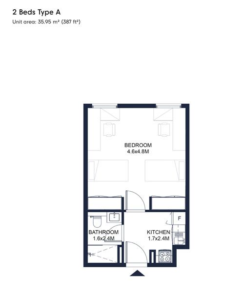 2 Bed Type A, Size 387 Sqft to 2 Bed Type B-1
