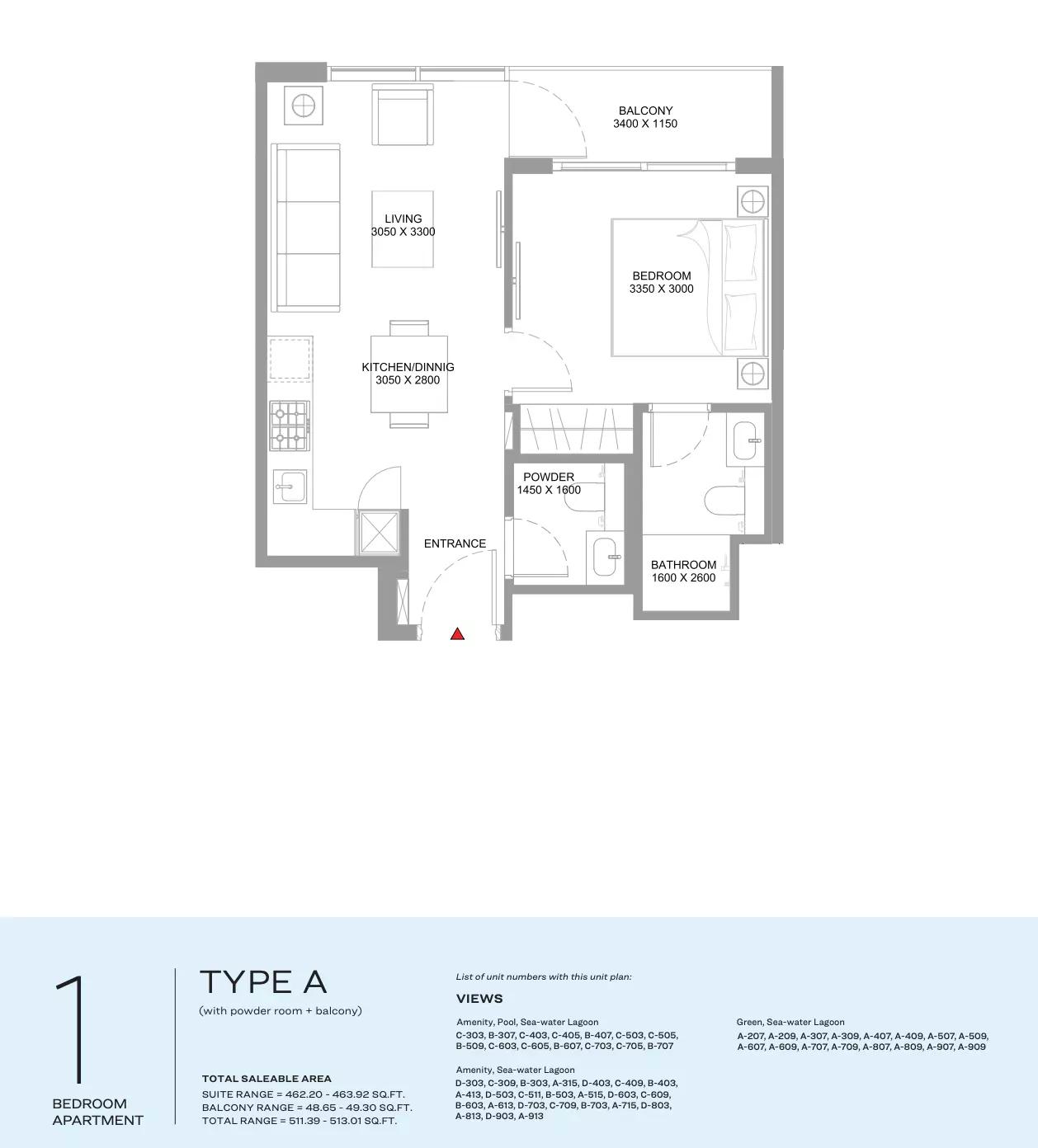 Type A | (with powder room + balcony)