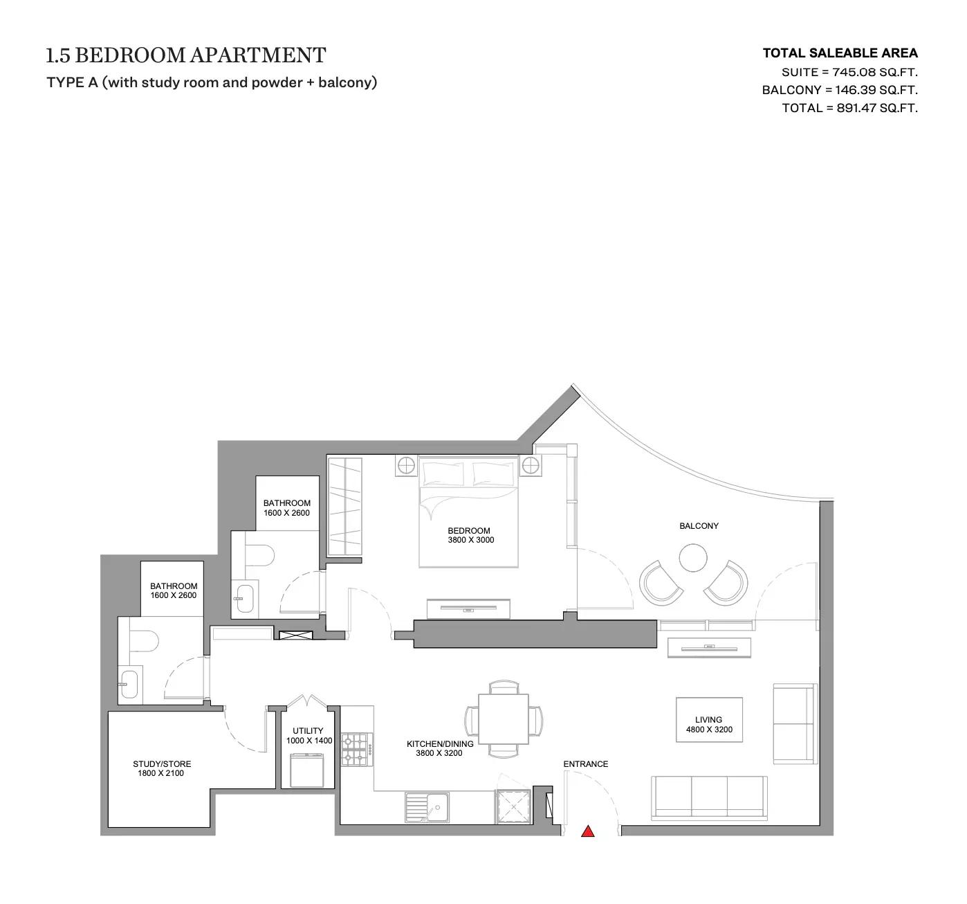 Type A (with study room and powder + balcony)