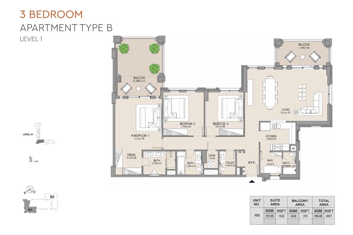 3 BR, Building 2, Type B, Levels 1 to 7 to Type-B-Level-7-Unit-701