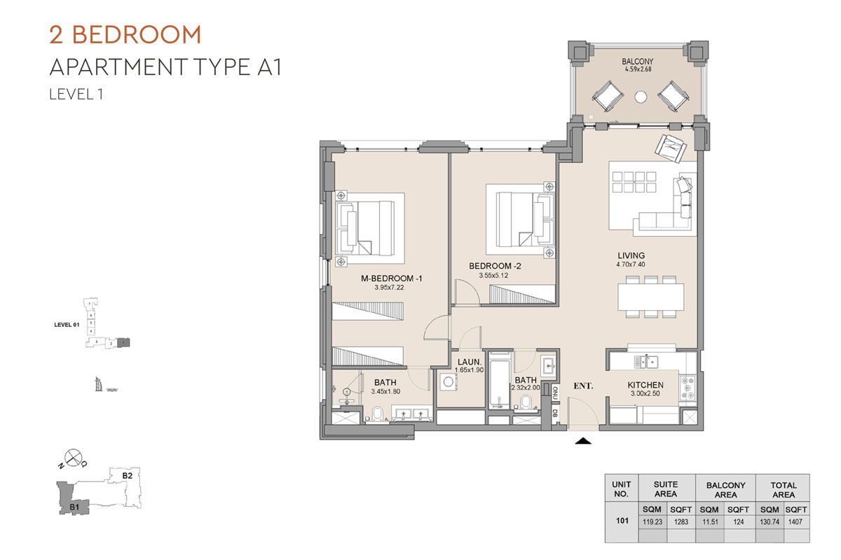 2 BR, Building 2, Type A, Levels 1 to 9 to Type-C-Level-7-Unit-705