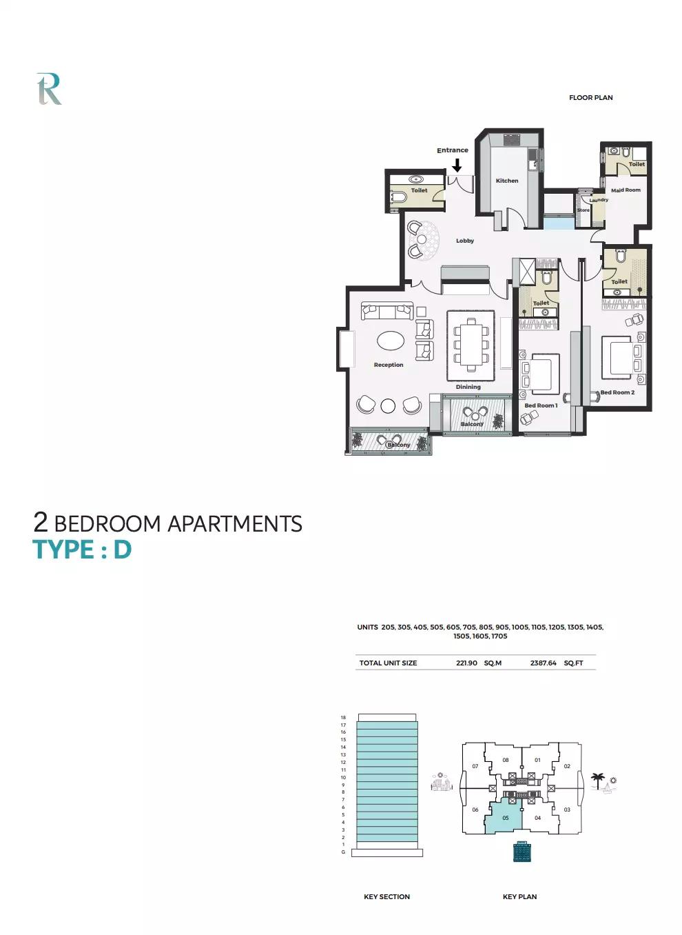 Type D | Units 205 ,305 ,405 ,505 ,605 ,705 ,805 ,905 ,1005 ,1105 ,1205 ,1305 ,1405 ,1505 ,1605 ,1705