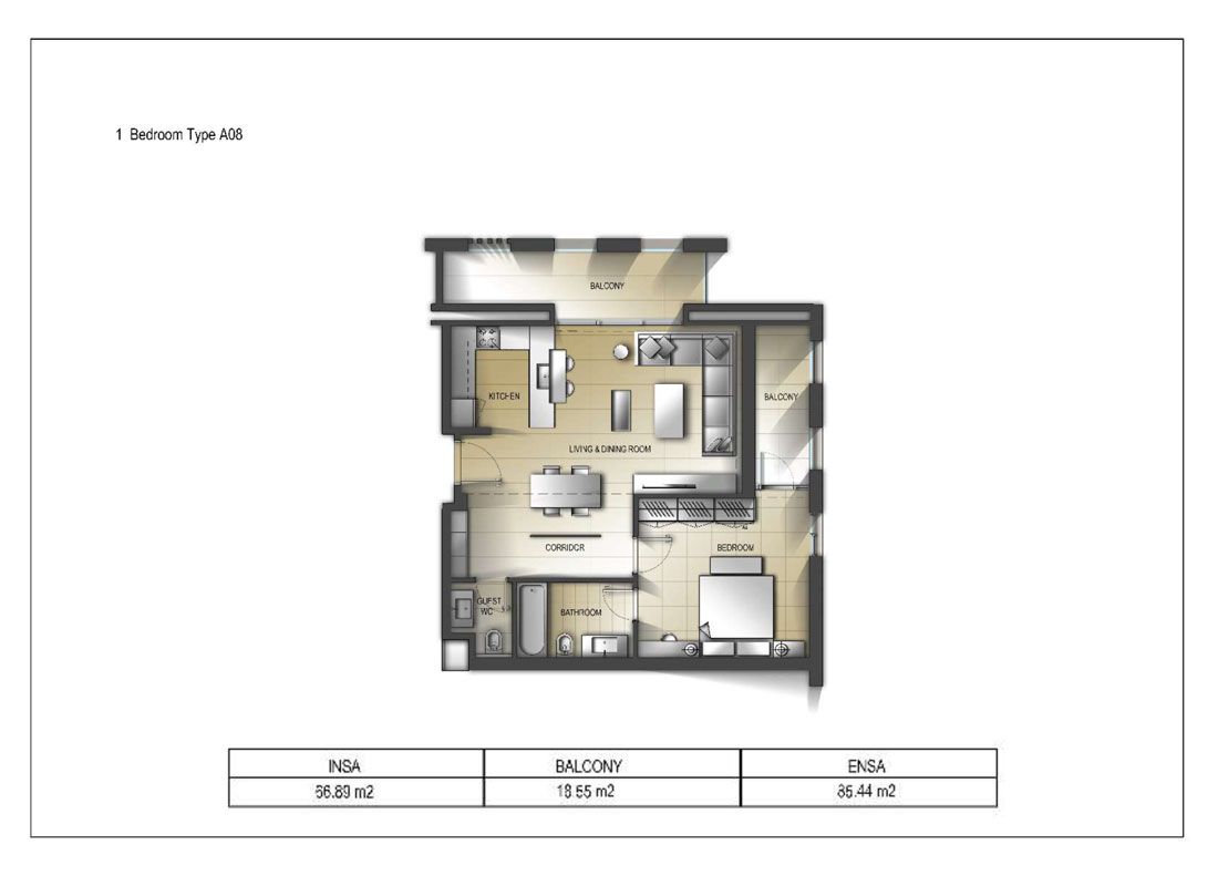 1 Bedroom Type A08 Size 85.44 sq.mtr to 1 Bedroom Type Q12 Size 62.91 Sq.mtr