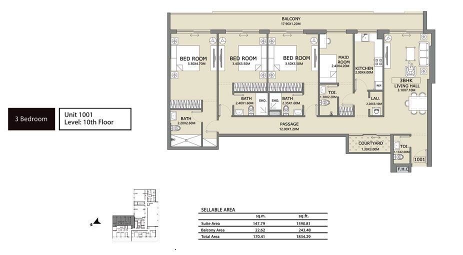 3-Bedroom, Unit-1001
