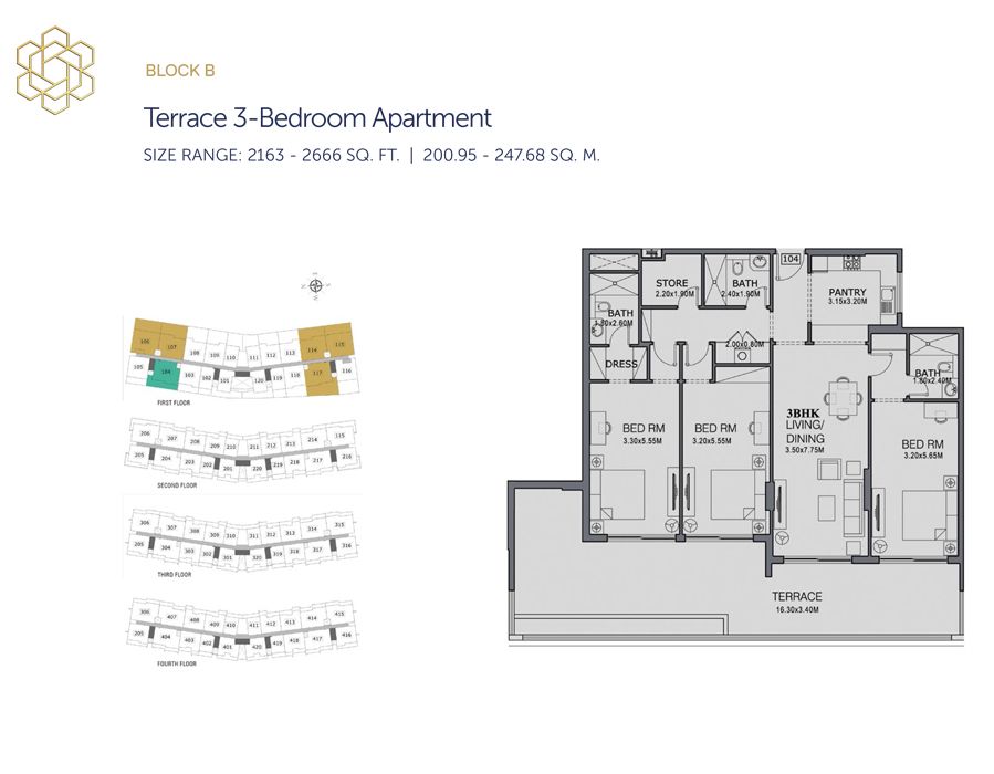 Terrace 3 Bedroom Apartment, Size 2163 Sq Ft to Typical 3 Bedroom Apartment,