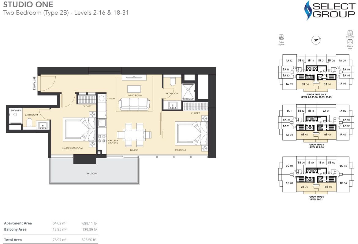 2 Bedroom, Type 2B - Level 2-16 & 18-31 Size 828.50 sq ft to 2 Bedroom, Type 2D - Ground Floor - Unit G02