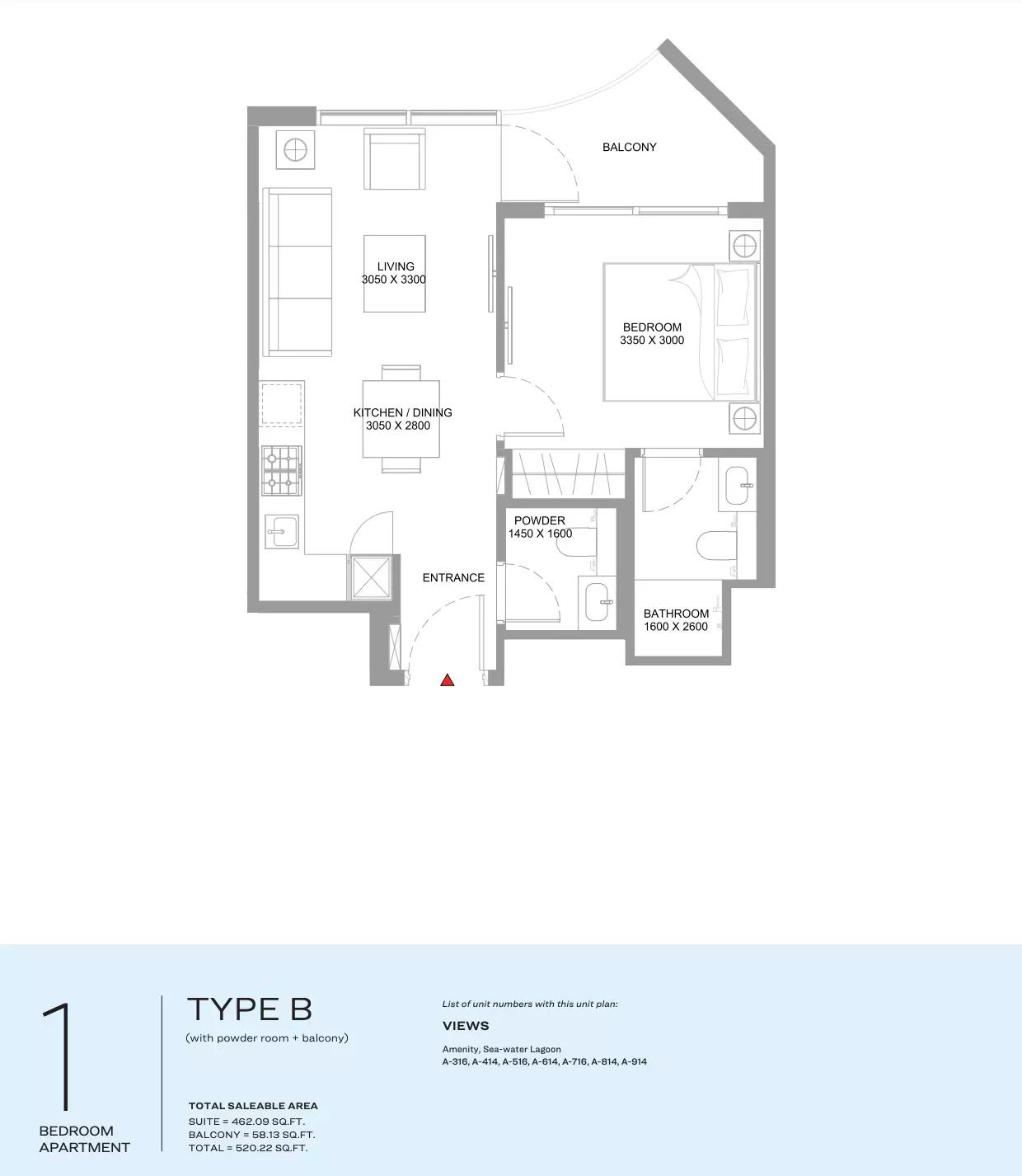 Type B | (with powder room + balcony)