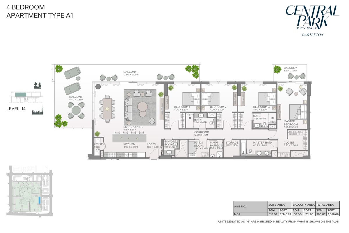 Apartment Type A1, Level 14 to Apartment Type A2, Level 16-19