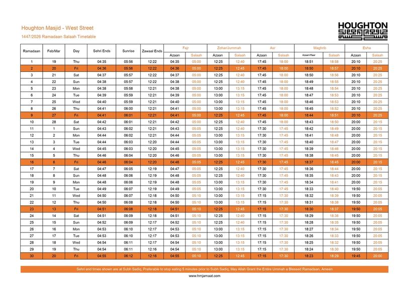 Ramadaan 1447 2026 Calendar – Houghton Muslim Jamaat