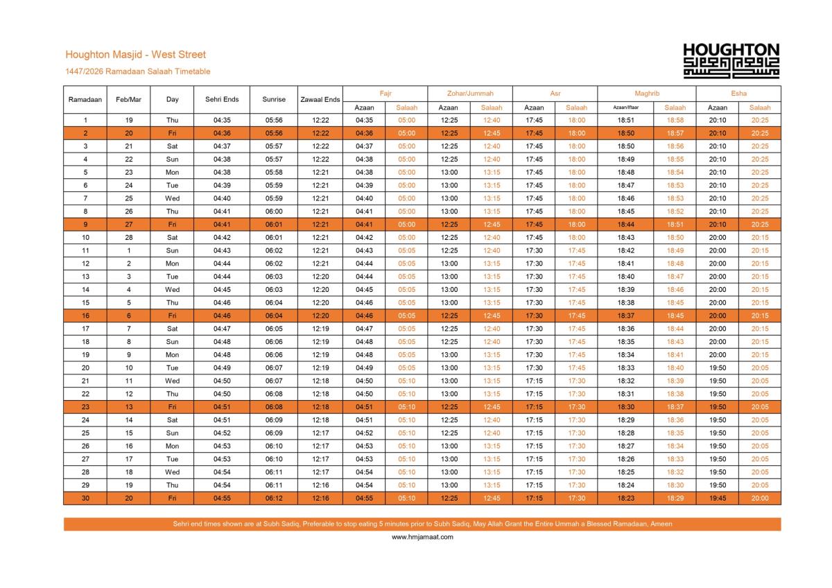 Ramadaan 1447 2026 Calendar – Houghton Muslim Jamaat