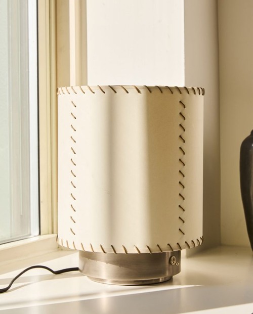 LEATHER STITCH TABLE LAMP PAPER SHADE NYC APARTMENT