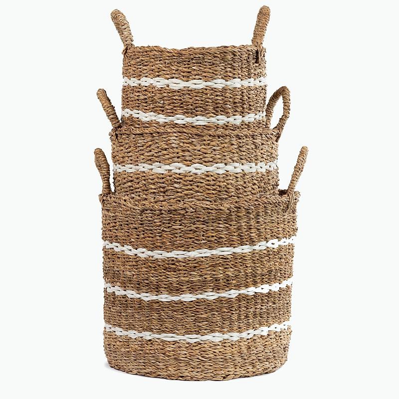 Southsea - White Striped Round Seagrass Basket | Wicka