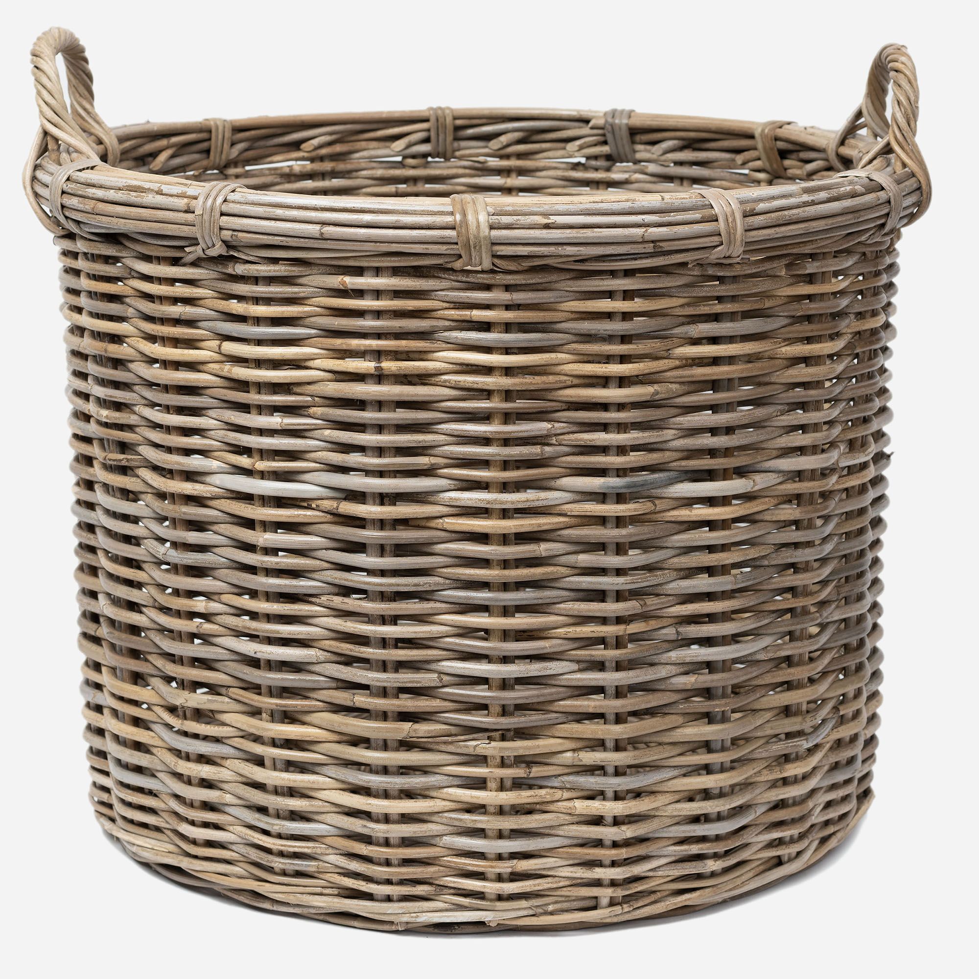 Rustic Shallow Style Grey Washed Wicker Fireside Log Basket Kindling Wood Set: L+M 