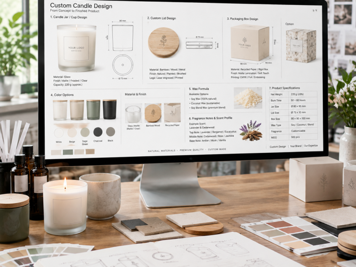 A custom candle design sheet covering jar, lid, box and scent